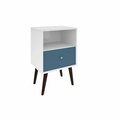 Designed To Furnish Liberty Mid Century-Modern Nightstand 1 w/Solid Wood Leg 1 Cubby Space & 1 Drawer, Wht & Aqua Blue DE2543545